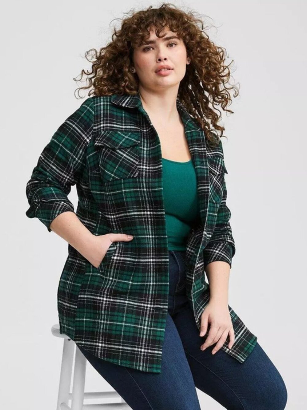 Torrid Green Plaid Button-Up Shacket Coat